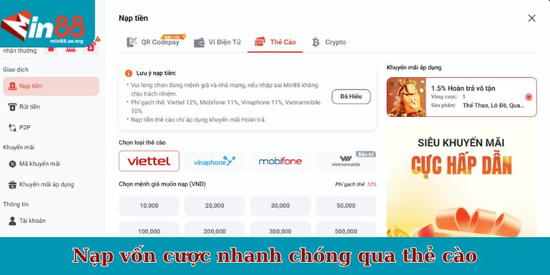 Nạp vốn cược nhanh chóng qua thẻ cào